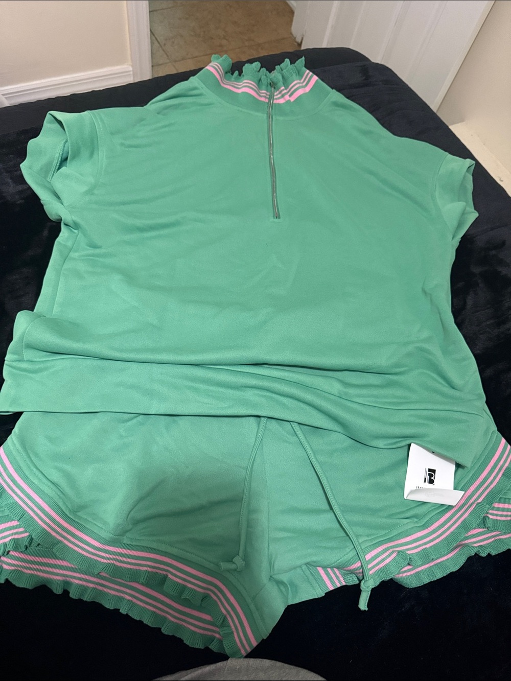 Mint Green Loungewear Set with Pink Trim Track Short and Tops